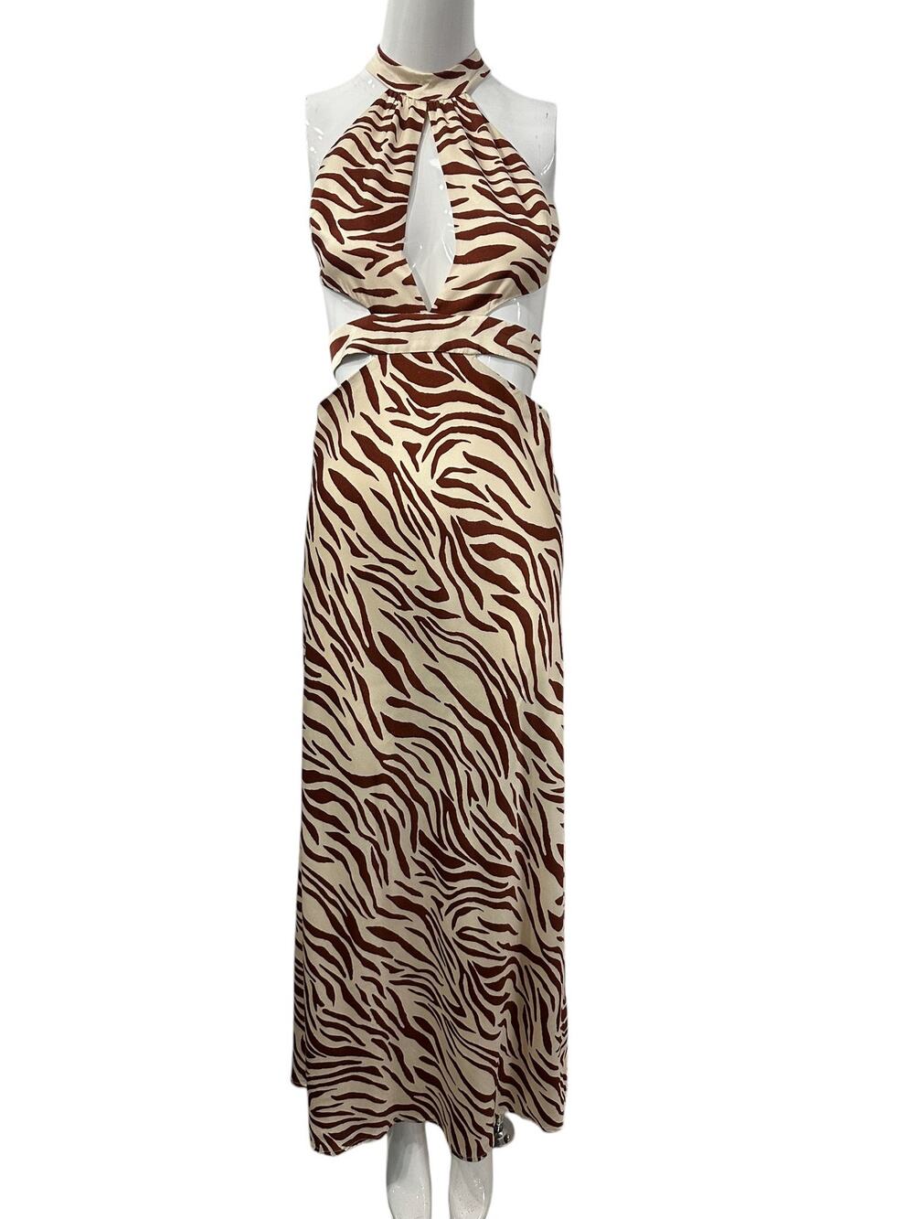 Auteur Silk Cut Out Zebra Animal Print Halter Brown Beige Maxi Dress Size S